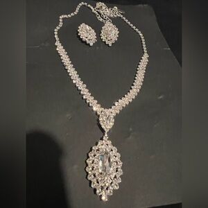 Silver Crystal Pendant Necklace and Earrings Set - Sparkling Clear Stones